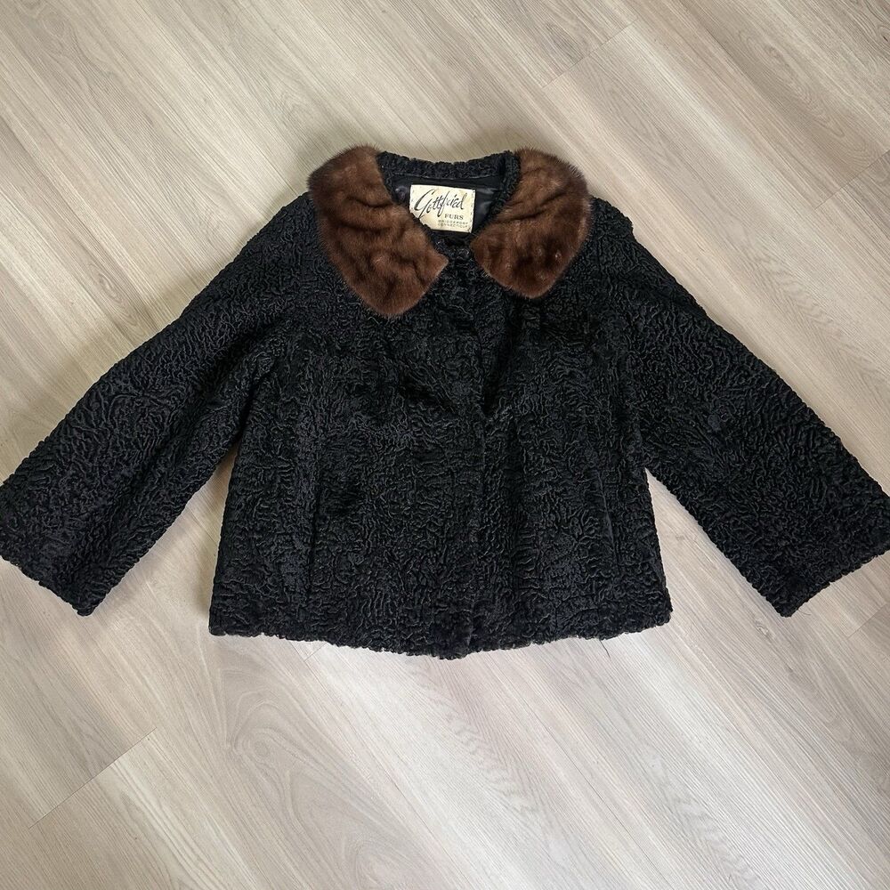 VINTAGE 60s Black Curly Lamb Jacket Mink Collar  42” Bust Read!